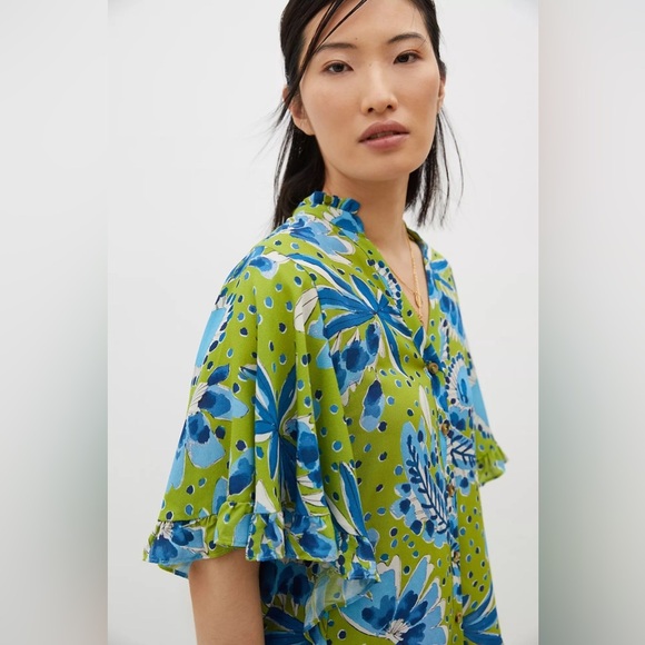 Anthropologie Green and Blue Vera Valley Flutter Short Sleeve Button Up Blouse - Picture 4 of 15
